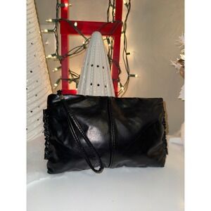 Black Faux Leather Ruched Evening Clutch Wristlet Handbag